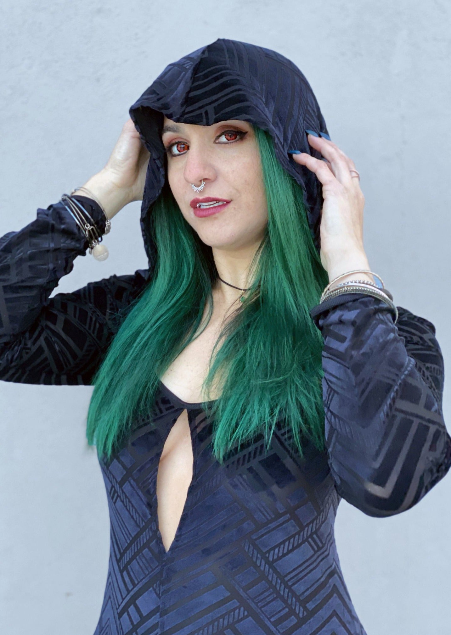 Unisex-Festival-outfit-rave-outfit - handmade-in-Brooklyn-New York City-custom made-waste conscious- festival T-shirt-rave shirt – Eclipse burnout velvet gown – maxi length – full hood – high front skirt slit - witchy vibes – inner witch - up close view - hood