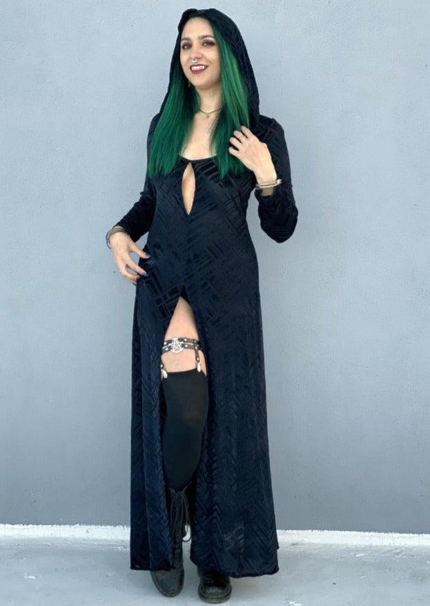  Unisex-Festival-outfit-rave-outfit - handmade-in-Brooklyn-New York City-custom made-waste conscious- festival T-shirt-rave shirt – Eclipse burnout velvet gown – maxi length – full hood – high front skirt slit - witchy vibes – inner witch - full view of gown - on model - right leg side 