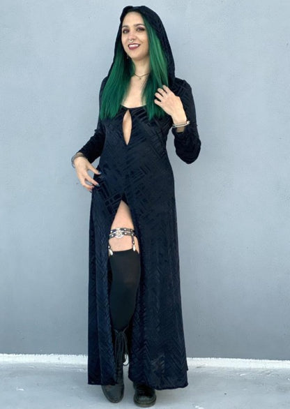  Unisex-Festival-outfit-rave-outfit - handmade-in-Brooklyn-New York City-custom made-waste conscious- festival T-shirt-rave shirt – Eclipse burnout velvet gown – maxi length – full hood – high front skirt slit - witchy vibes – inner witch - full view of gown - on model - right leg side 