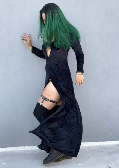  Unisex-Festival-outfit-rave-outfit - handmade-in-Brooklyn-New York City-custom made-waste conscious- festival T-shirt-rave shirt – Eclipse burnout velvet gown – maxi length – full hood – high front skirt slit - witchy vibes – inner witch - on model - side view