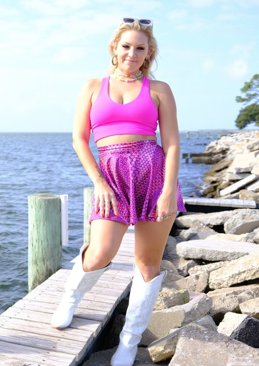 Unisex-music fesival fashion - Festival-outfit-rave-outfit - handmade-in-Brooklyn-New York City-custom made-waste conscious – psychedelic fashion – retro style – hippie fashion –handmade – womens festival fashion - Spin-Me-Round Circle Skirt – rave skirt – skater skirt - barbie inspired - pink skirt