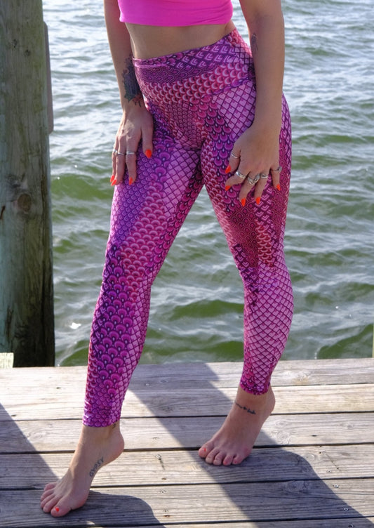 Unisex-Festival-outfit-rave-outfit-leggings-spandex blend-high waisted-handmade-in-Brooklyn-New York City-custom made-waste conscious- pink sparkle mermaid print - on model - front view