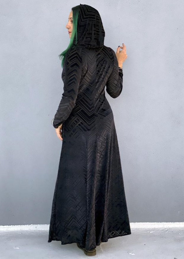 Unisex-Festival-outfit-rave-outfit - handmade-in-Brooklyn-New York City-custom made-waste conscious- festival T-shirt-rave shirt – Eclipse burnout velvet gown – maxi length – full hood – high front skirt slit - witchy vibes – inner witch - back view  - on model