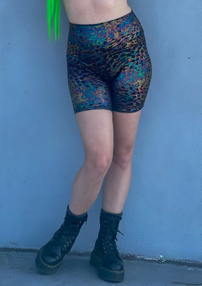 Unisex-Festival-outfit-rave-outfit-biker shorts-spandex blend-high waisted-handmade-in-Brooklyn-New York City-custom made-waste conscious- iridescent leopard print- front view