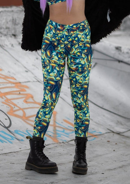  Womens music fesival fashion - Festival-outfit-rave-outfit - handmade-in-Brooklyn-New York City-custom made-waste conscious– retro style – hippie fashion –rave bralette top – festival bottoms – festival pants – rave leggings – spandex stretch – full length - spacey blue print - front view
