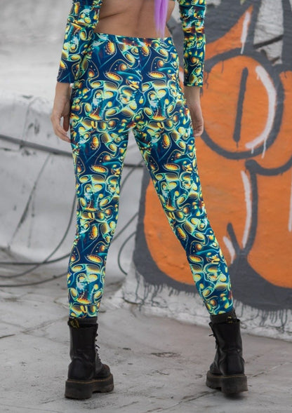  Womens music fesival fashion - Festival-outfit-rave-outfit - handmade-in-Brooklyn-New York City-custom made-waste conscious– retro style – hippie fashion –rave bralette top – festival bottoms – festival pants – rave leggings – spandex stretch – full length - spacey blue print. - back view