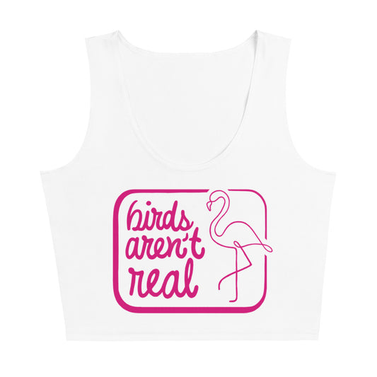 croptop-white-pink flamingo-birds aren't real slogan-summer style-tank top-handmade-in-Brooklyn-New York City-custom made-waste conscious- front view-festival top-rave top