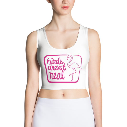 croptop-white-pink flamingo-birds aren't real slogan-summer style-tank top-handmade-in-Brooklyn-New York City-custom made-waste conscious-on model-front view-festival top-rave top